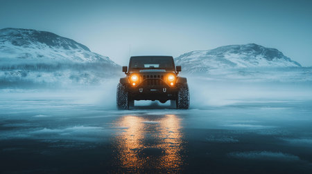 Off-road vehicle in the middle of a frozen lake. 3d renderingの素材