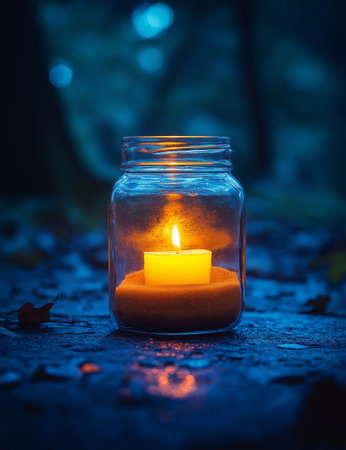 Burning candle in a glass jar on the background of the forestの素材
