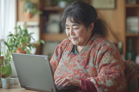 Elderly asian woman using laptop in the living room.の素材