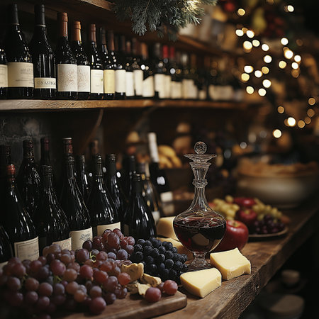 Bottles of red wine, grapes and cheese on shelves in wine shopの素材