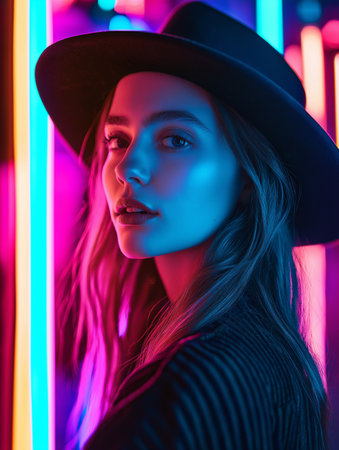 Fashion portrait of a beautiful girl in a hat on a neon background.の素材