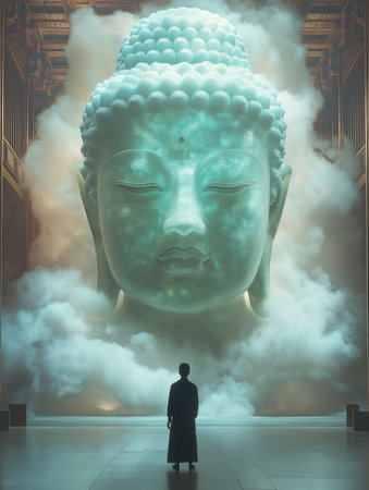 Man looking at the big buddha statue in the room. 3D renderingの素材