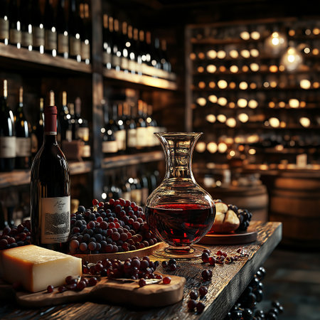 Bottle of red wine with grapes and cheese on wooden table in cellarの素材