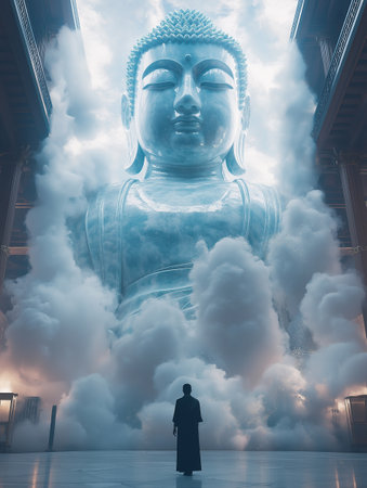 Buddha statue in the temple with cloud and sky background.の素材