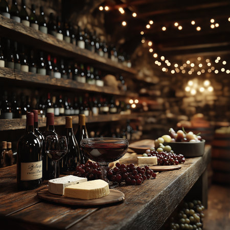 Bottles of wine, cheese and grapes on wooden table in cellarの素材