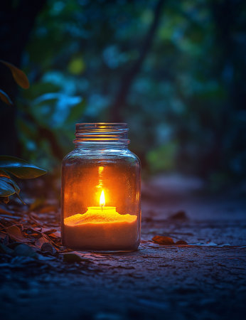 Candle in a glass jar on the ground with blurred background.の素材