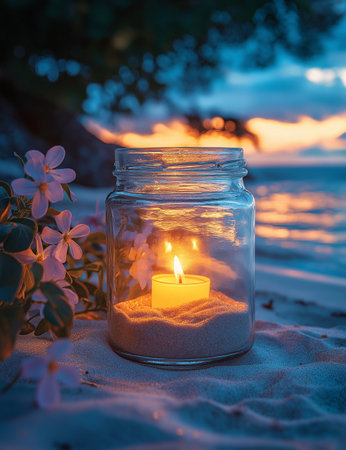 Candlelight in a glass jar on the beach with sand and flowersの素材