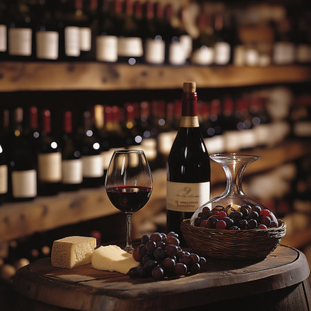 Bottle of red wine, cheese and grapes on wooden barrel in cellarの素材