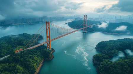 Aerial view of the famous Golden Gate Bridge in Hong Kong.の素材