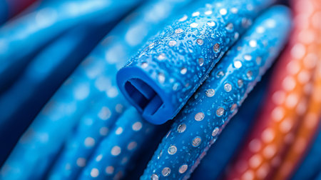 close up of fiber optic cable in blue and red color with water dropsの素材