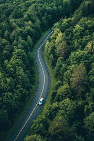 Aerial view of a winding road through the forest. View from above.の素材
