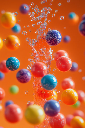Colorful balls in water on orange background. 3d rendering.の素材