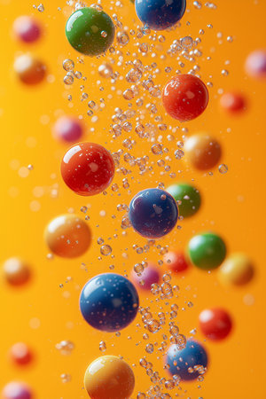Colorful balls in water with air bubbles on orange background, close upの素材