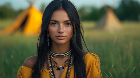 Portrait of young beautiful indian woman in front of wigwamの素材