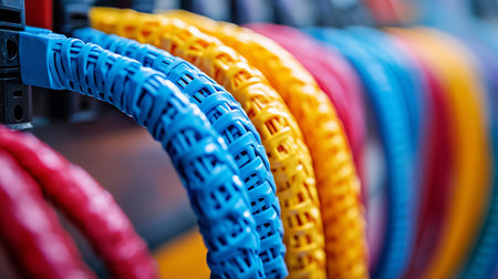 Fiber Optic cables connected to optic ports in a data centerの素材