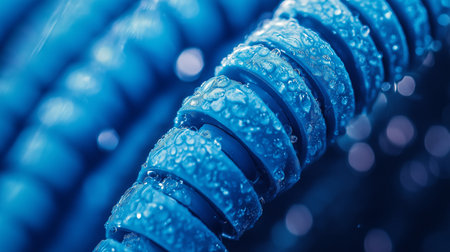 Close up of water drops on a telephone cable. Blue tone.の素材