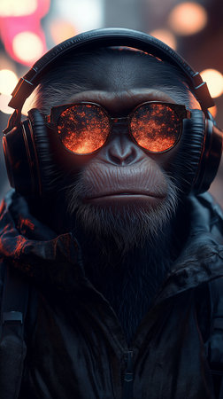 Portrait of a chimpanzee wearing headphones in the night city.の素材