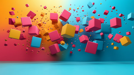 3d rendering of colorful cubes flying in the air. Abstract backgroundの素材