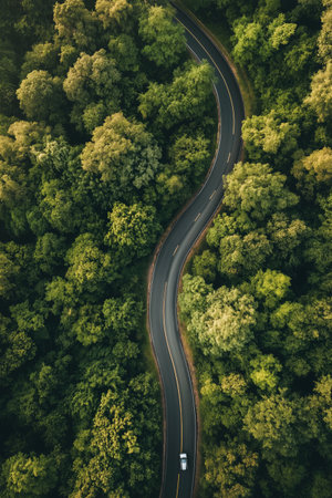Aerial view of a winding road through the forest. Top viewの素材