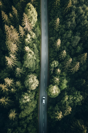Aerial view of a car driving on the road through the forestの素材