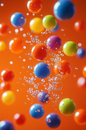 Colorful balls floating in water on orange background. Abstract background.の素材