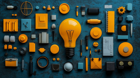 Flat lay composition with light bulb and office supplies on dark backgroundの素材