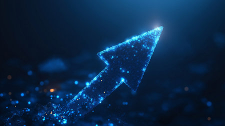 Arrow pointing up, digital blue arrow glowing in the dark. 3D renderingの素材