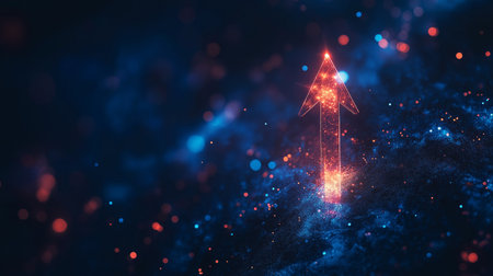 3D rendering of an arrow in space. Abstract background with a glowing arrow.の素材