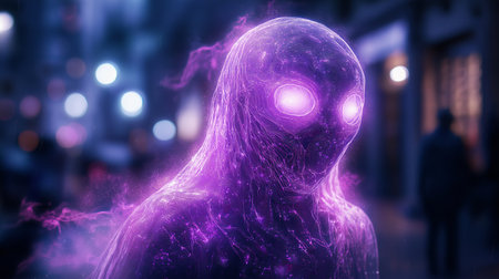 3D rendering of an alien on a background of night city lightsの素材