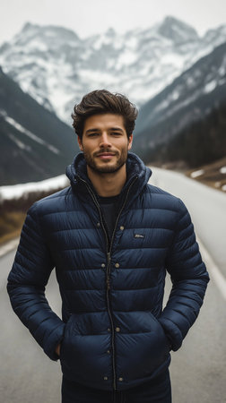 Handsome young man in a blue jacket on a mountain roadの素材