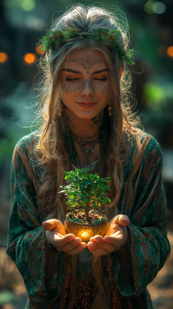 A young woman in a green dress with a plant in a potの素材