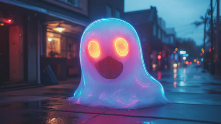Funny ghost on the street in the evening. Halloween concept.の素材