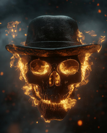 Skull in a hat on fire background. 3d illustration.の素材