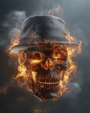 Skull in hat and smoke on dark background. Halloween concept.の素材