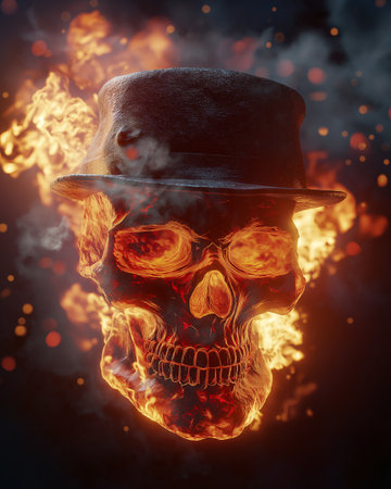 Skull in hat and smoke on fire background. Halloween concept.の素材