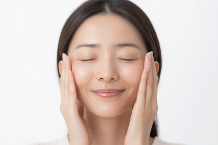 beauty asian woman touch her face and smile happily on white backgroundの素材