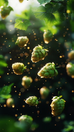 Green hops flying in the air on a blurred background. Agricultural conceptの素材