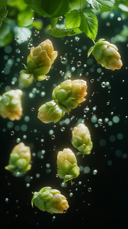 Green hop cones with water drops on dark background. Beer brewing conceptの素材