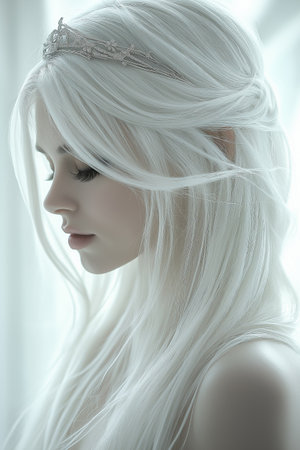 Close-up portrait of a beautiful girl with long white hair.の素材