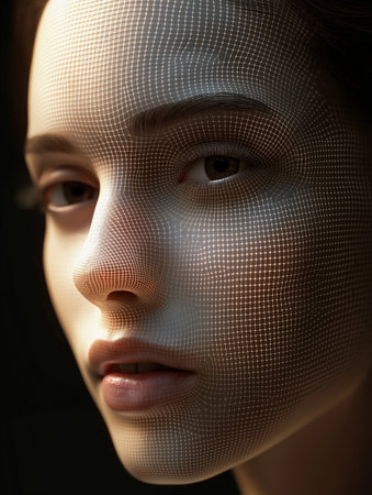 Close-up portrait of a beautiful young woman's face made of mesh.の素材
