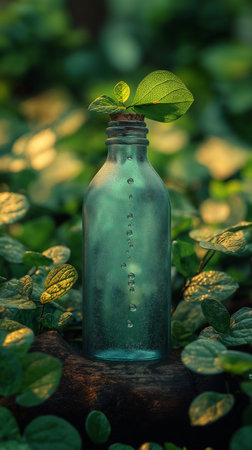 Green seedling in a glass bottle on a background of green leavesの素材