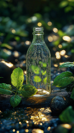 Bottle of water with fresh basil leaves on dark stone background.の素材