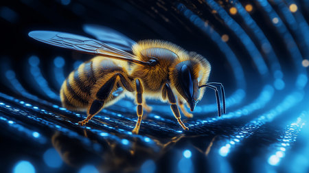 3d rendering of a bee on a black background with blue lightの素材