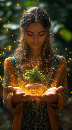 Beautiful indian girl holding a small tree in her hands.の素材
