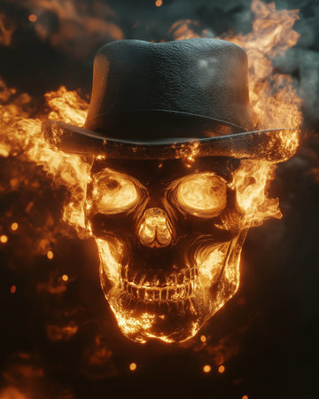Skull in a top hat with smoke on a dark background.の素材