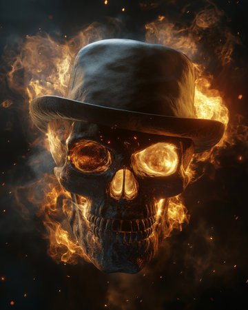 Skull in a hat with a top hat on fire background.の素材