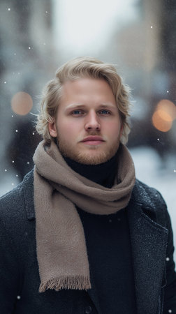 Portrait of handsome young man with blond hair in coat and scarf on the street in winterの素材
