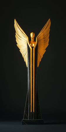 Golden statuette of a man with wings on a black backgroundの素材