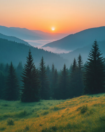 Sunset in the Carpathian mountains. Ukraine, Europe.の素材