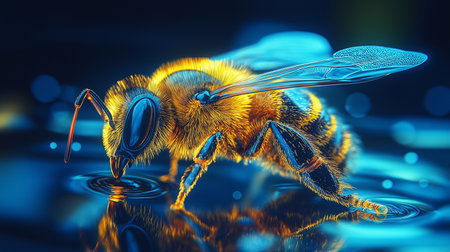 3d render of a bee on water surface with water dropletsの素材
